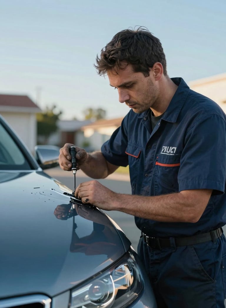 A professional auto glass technician in a deep navy blue uniform working on a car in a North American / US suburban setting. The scene conveys trust and efficiency, with soft sky blue and steel blue highlights in the environment under a clear sky.