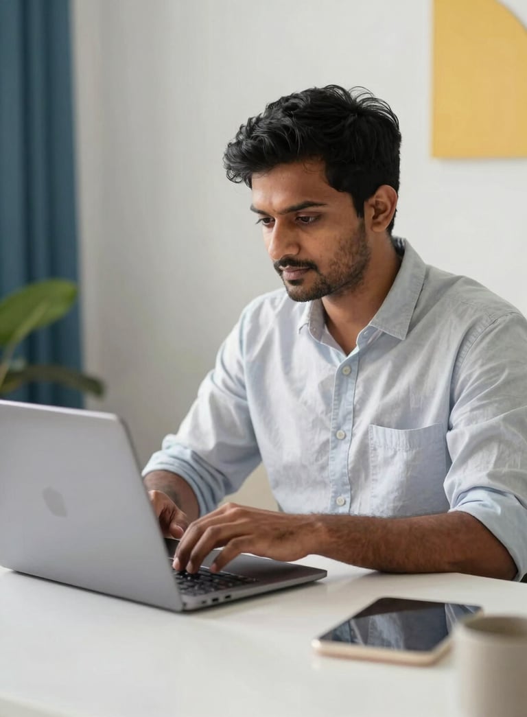 A South Asian freelancer working from a modern, clean home office. A high-quality laptop is open on a white desk, with soft natural light and blue and yellow decorative accents in the background.