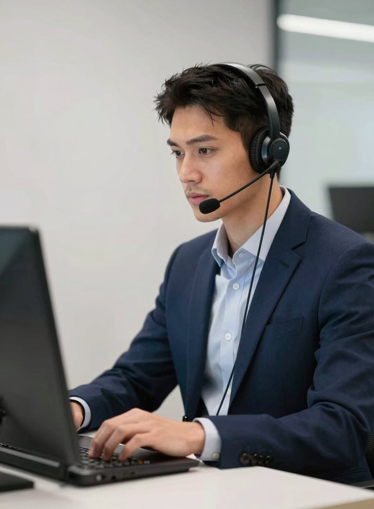 A focused professional with a high-quality headset working in a clean, modern Brazilian corporate environment, navy blue and soft white tones, professional photography.