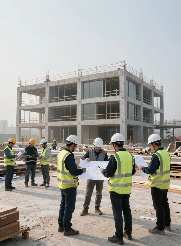 A wide-angle shot of a bright, modern architectural project in progress. Professionals in deep navy and soft cloud safety vests are discussing blueprints on a clean site. High-end equipment and steel structures under a pale mist sky.