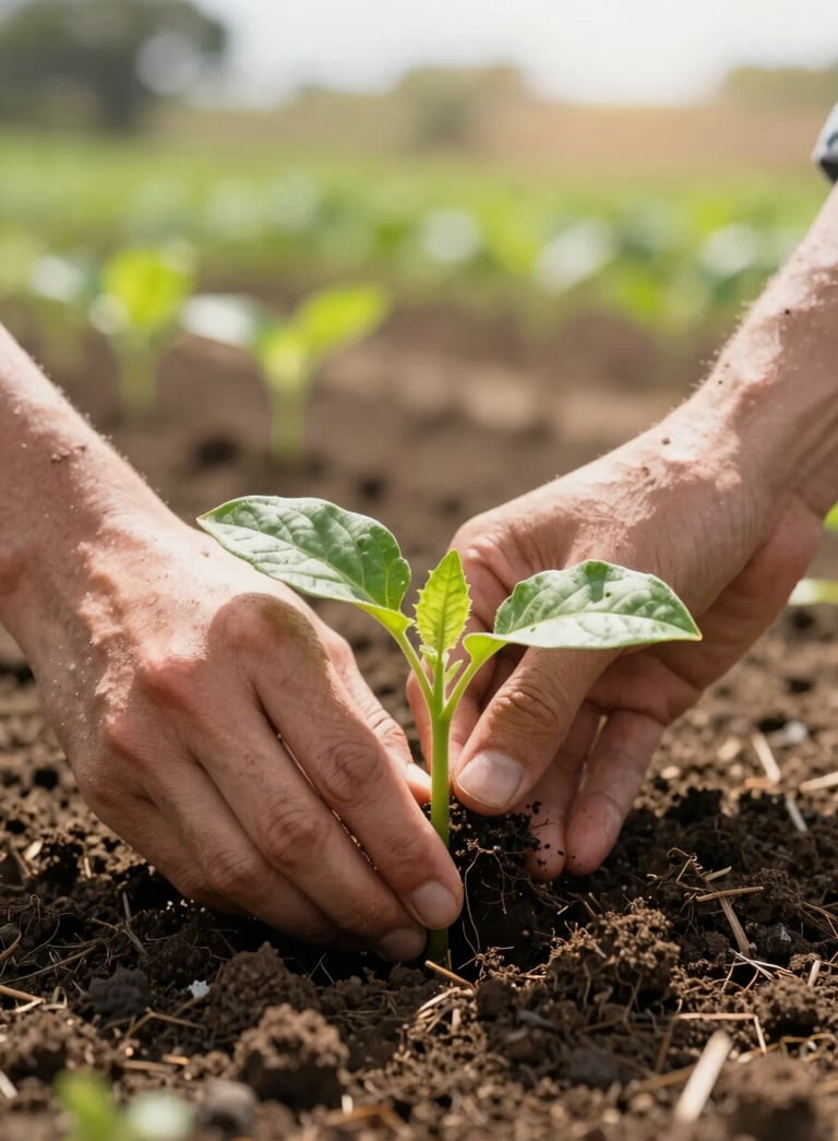 A close-up photograph of hands planting a vibrant green seedling into rich, dark soil on a sunny morning in a North American / Mexican farm setting, highlighting sustainable agricultural practices.