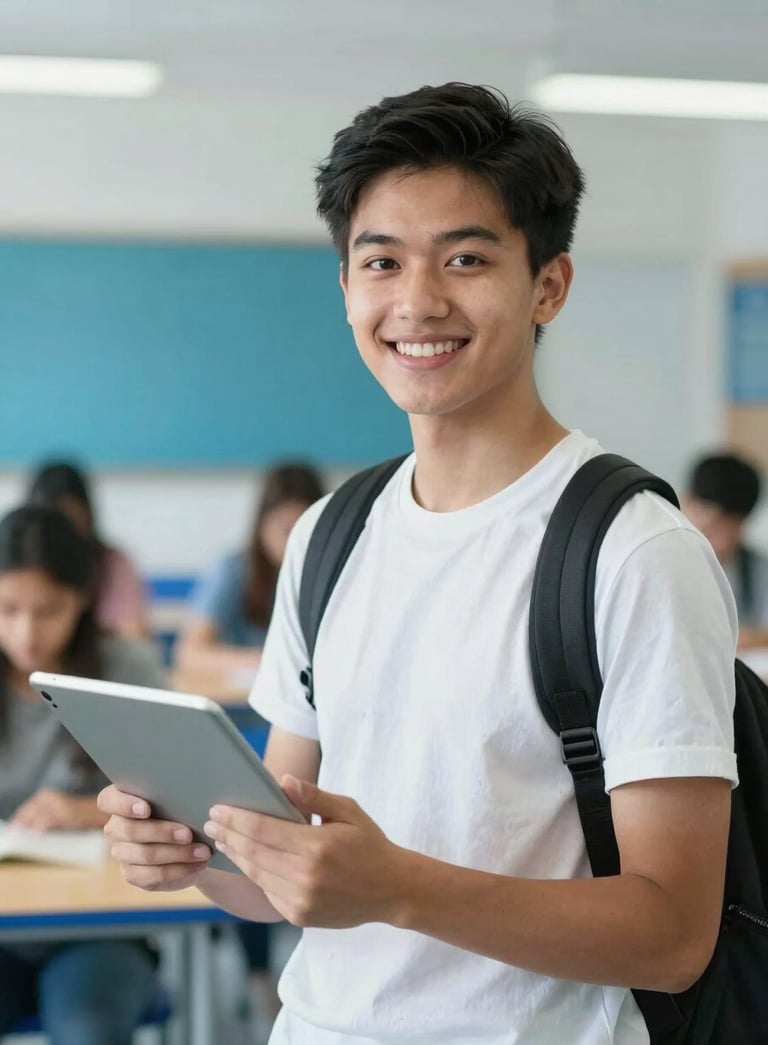 A portrait of a smiling young adult student in a modern North American / US / Florida school environment, holding a digital tablet and looking confident. Professional ocean blue and soft icy white tones dominate the background.