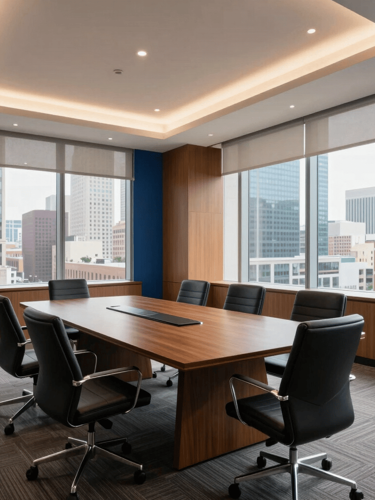 A wide-angle interior shot of a bright, modern corporate boardroom in a North American city. Large windows show a cityscape. The decor features warm tan and deep blue accents with professional, soft natural lighting.