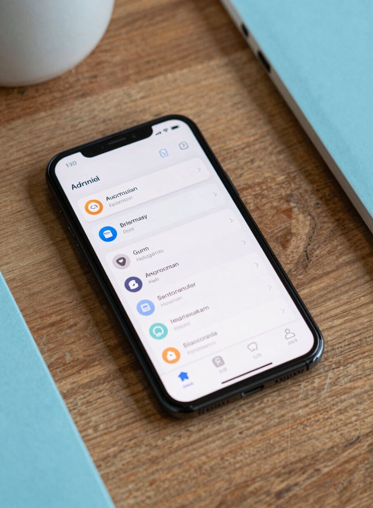 A top-down view of an Android smartphone displaying a clean, professional user interface, resting on a wooden desk in a North American / US home workspace. The setting is bright and approachable with sky blue accents.