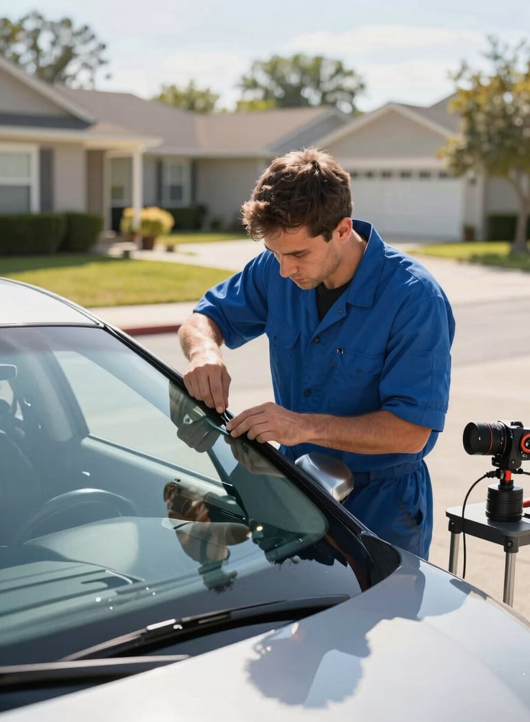 A professional glass repair technician in a steel blue uniform working on a car windshield in a North American suburban driveway. Bright morning sunlight, professional mobile equipment visible.