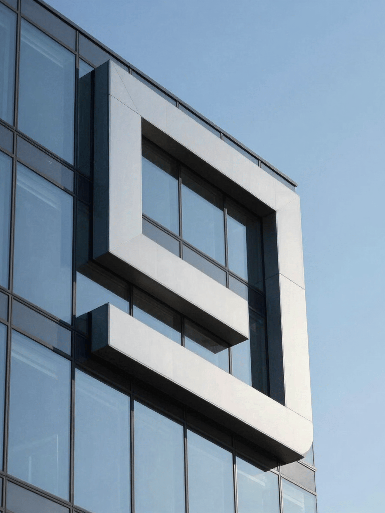 A sophisticated logo-style photograph of an architectural detail, featuring sharp geometric lines of a modern North American glass building against a clear blue sky. The composition is clean and minimalist, using shadows and light to emphasize structural integrity and professional design.