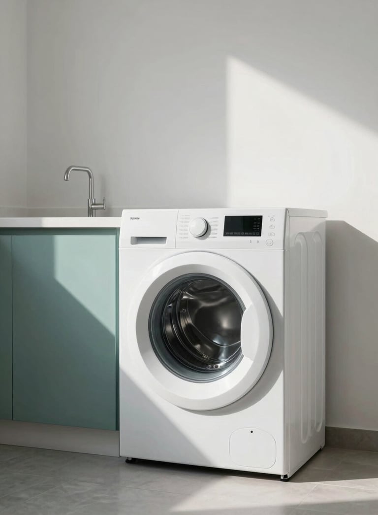 A sleek, modern laundry room in a Middle Eastern / Gulf apartment with a high-end front-load washing machine. The room is decorated in pale arctic white with accents of muted teal. Bright, natural morning light creates a clean, professional feel.