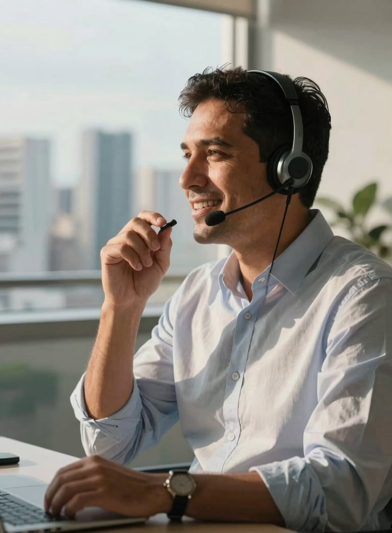 A professional South American consultant wearing a modern headset, speaking with a smile in a sleek office with soft morning light and a view of a Brazilian city skyline.