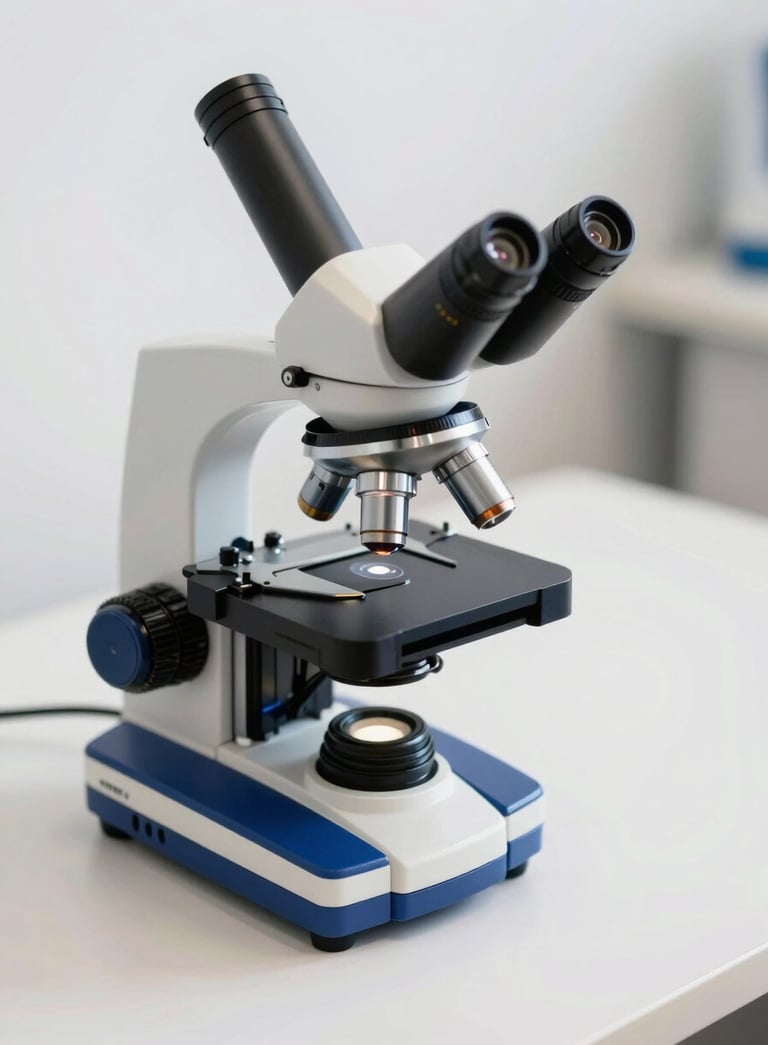 Photography of a modern and sleek microscope on a clean soft pearl desk. Professional setting with royal blue accents and sharp focus on the lens, symbolizing scientific expertise.