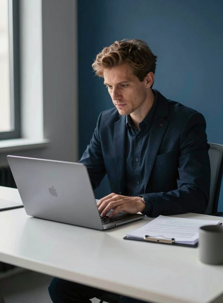 A focused Western European / Dutch professional working at a clean minimalist desk with a high-end laptop, soft morning light, deep dark blue and white tones in the modern office environment.