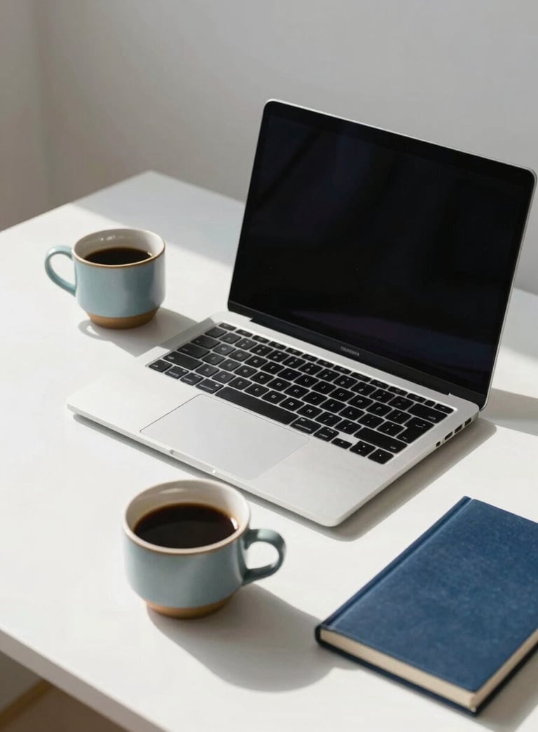 A minimalist and modern desk workspace featuring a high-end laptop, a ceramic cup of coffee, and soft morning sunlight. The color palette includes accents of Soft Grayish Blue and Deep Navy Blue in the accessories, conveying efficiency and focus.