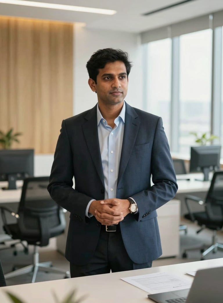 A professional South Asian business consultant in a high-tech modern office in Mumbai, natural daylight, soft gold and off-white accents, sophisticated and professional composition.