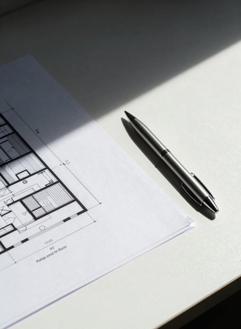 An architectural blueprint laying on a clean white desk next to a modern silver pen, with Deep Charcoal Blue shadows casting a professional, minimalist atmosphere.