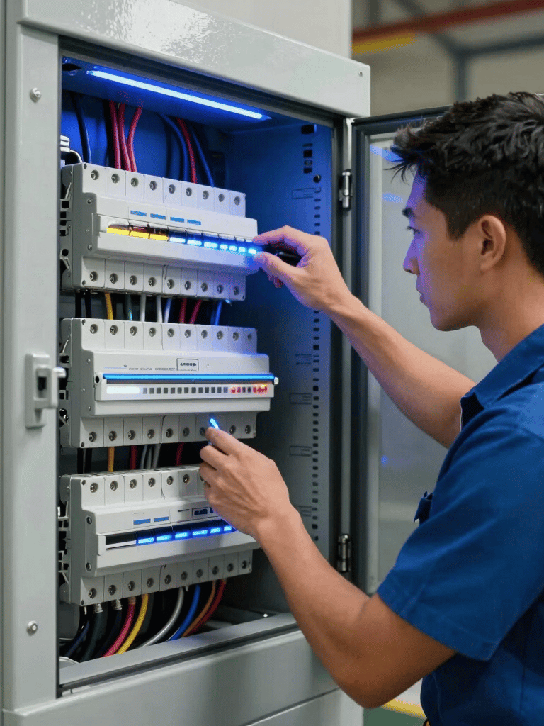 A professional electrician in a modern utility room in the North American / US, checking a sleek electrical panel with vibrant electric blue and dark navy lighting.