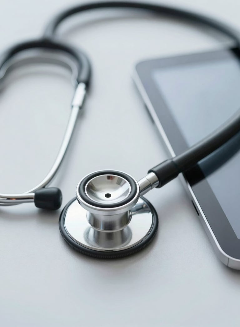 A close-up, high-key image of a modern stethoscope resting on a clean, light gray surface next to a digital tablet. The lighting is soft and professional, incorporating a palette of #B4D4DF and #1A2F3D.