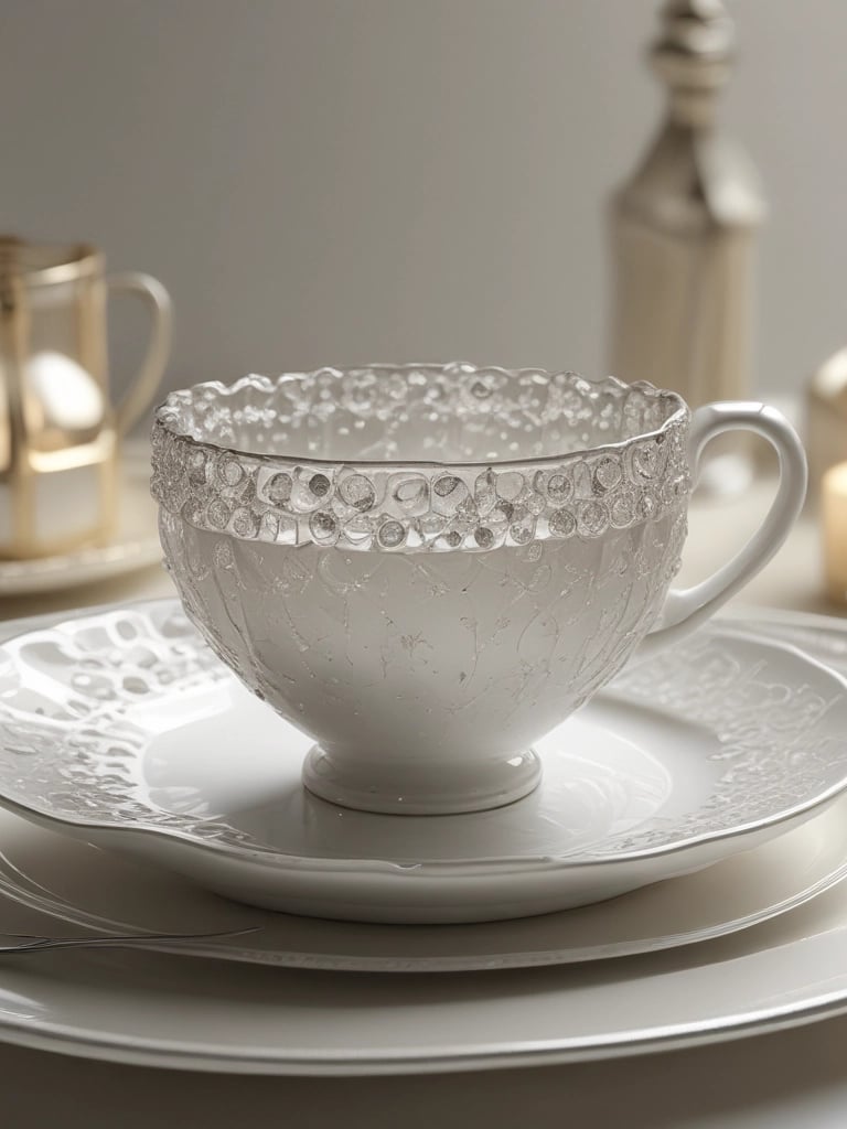 A beautifully set dining table featuring fine porcelain plates with subtle gold trim, softly lit to highlight their delicate elegance.