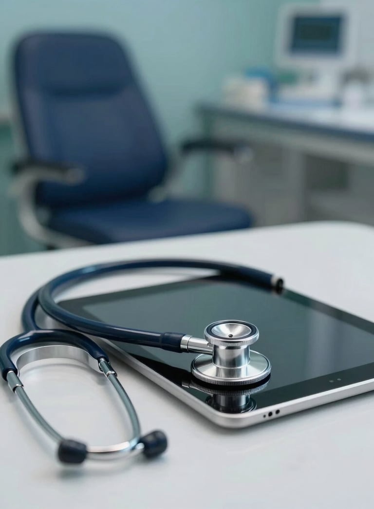 A close-up of a premium medical consultation desk with a stethoscope and a digital tablet, set against a blurred background of a modern hospital in dark navy blue and teal tones.