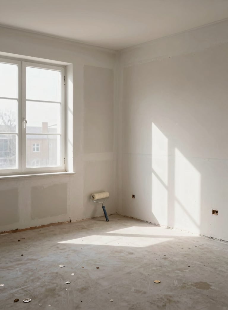 Wide interior room mid-renovation, bare plaster walls on left side, freshly painted warm white on right, afternoon light streaming through a tall window, paint roller resting against the baseboard, natural daylight, no people