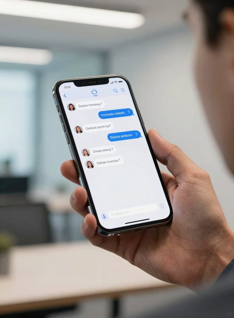 A close-up of a high-tech smartphone in a Latin American professional's hand, displaying a clean business messaging interface. Soft-focus background of a modern office in shades of blue and off-white.
