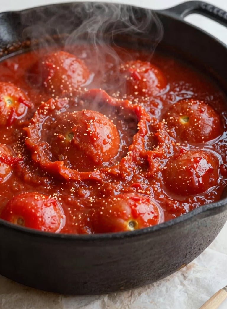 Close-up photography of a rustic tomato sauce simmering in a cast-iron pot, steam rising, deep ripe crimson tones, on a crisp parchment surface, North American kitchen setting.