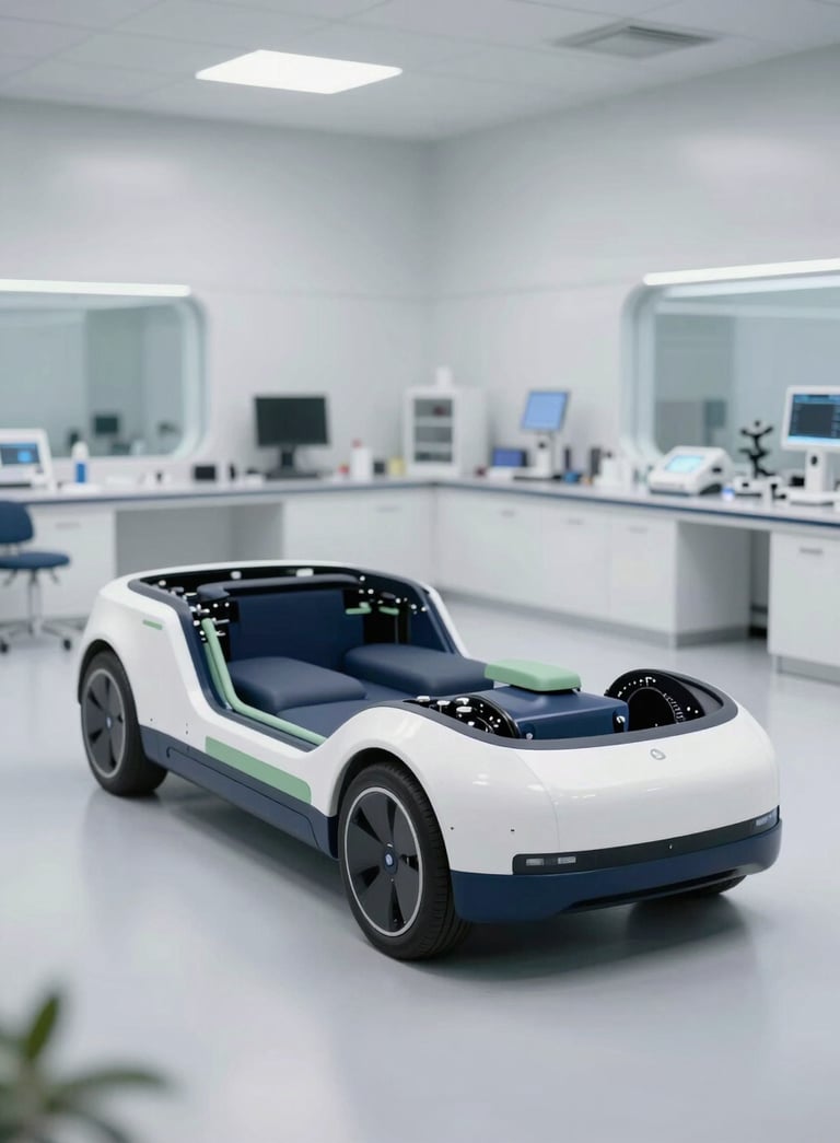 A wide-angle shot of a sleek, minimalist autonomous vehicle chassis in a high-tech white laboratory, soft natural light, navy blue and dry sage green accents, South Asian / Indian engineering facility.
