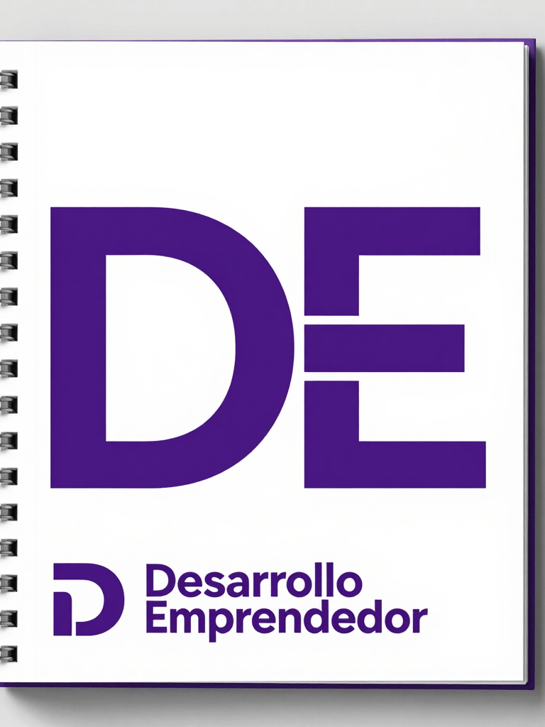 Desarrollo Emprendedor purple logo on a white spiral notebook for business branding and planning.