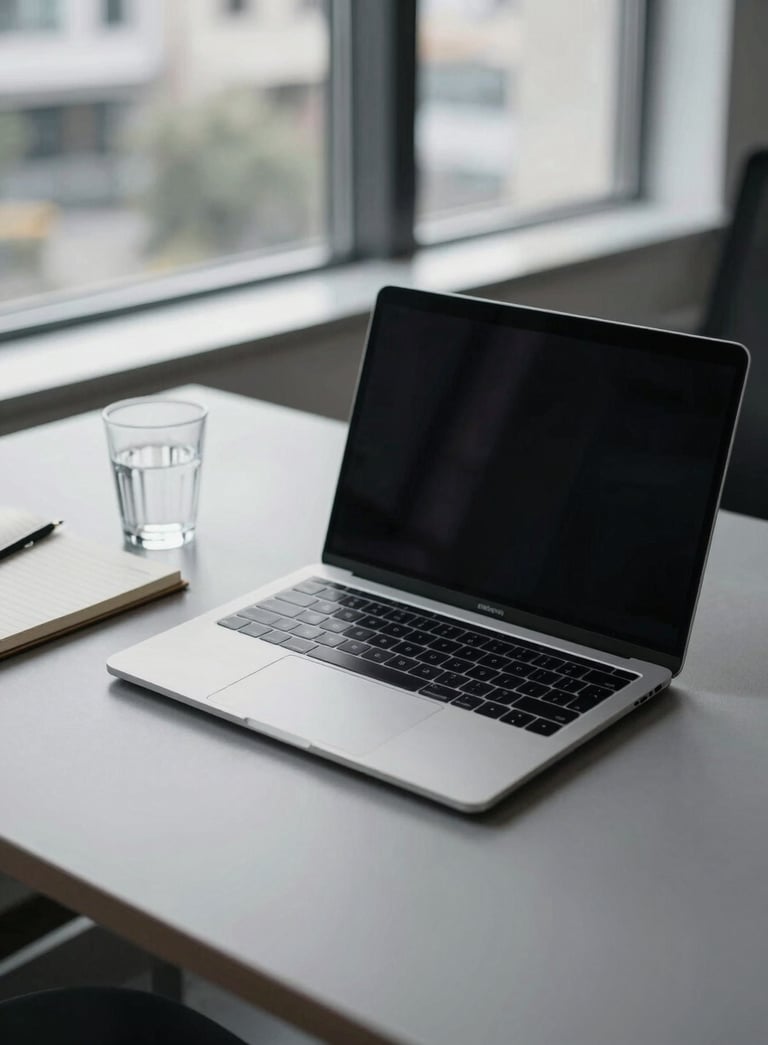 A minimalist and sophisticated office workspace in Brno, featuring a sleek laptop, a notebook, and a glass of water on a soft grey desk, with a backdrop of a modern window.