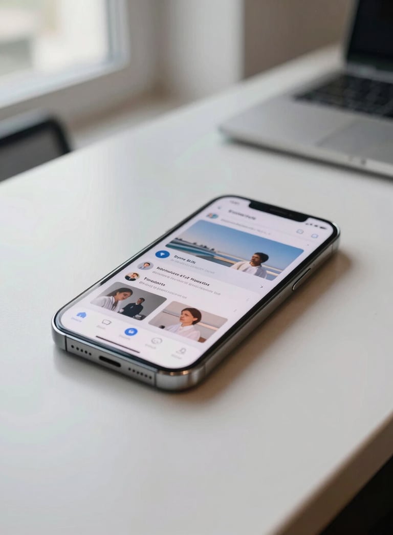 A clean, eye-level shot of a modern smartphone resting on a polished desk in a bright Kyiv technology hub. The screen displays a clear, user-centric mobile application. Soft natural lighting, reflecting a professional and innovative mood.