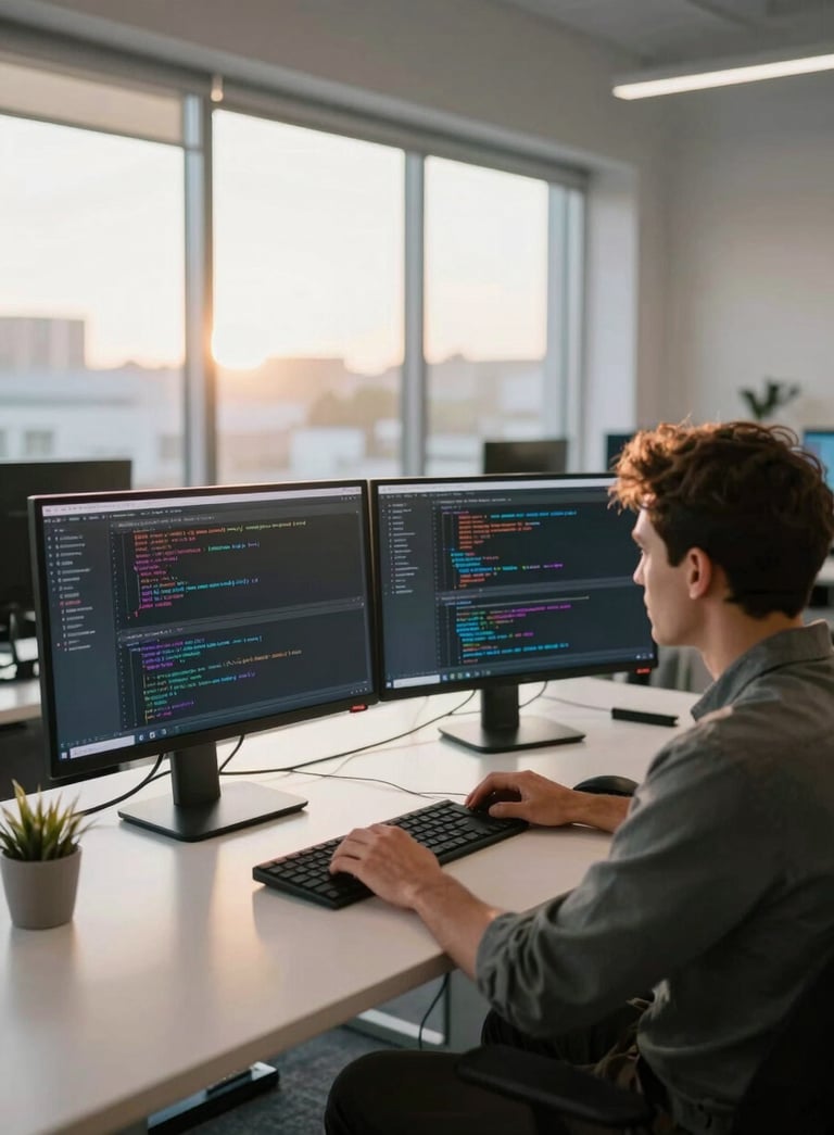 A wide-angle shot of a bright, contemporary North American tech workspace. A professional software engineer works on a dual-monitor setup showing lines of code, with a warm morning light coming through large windows.