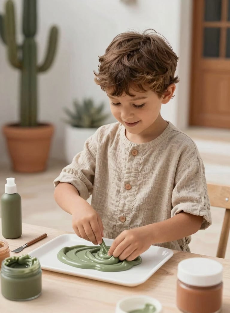 A joyful child in a stylish linen outfit engaged in a creative slime workshop in a Mediterranean setting, surrounded by premium aesthetic materials in muted olive and soft terracotta colors.