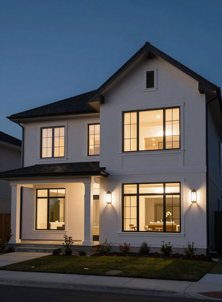 A high-end, modern North American / US home exterior at twilight, featuring large windows with warm Cloud White interior lighting and clean architectural lines against a Dark Midnight sky.