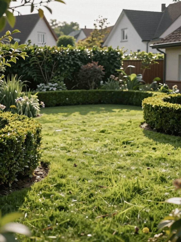 Photography of a pristine garden with a bright green lawn and shaped hedges in a German suburban backyard during a clear morning, soft natural light.