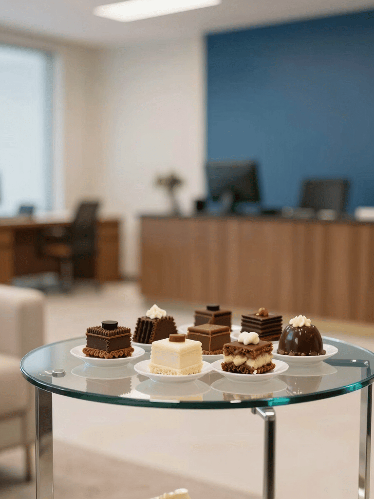 A modern South American office lobby with a small, elegant display of Brazilian sweets on a glass side table. Professional atmosphere with a touch of warmth, featuring soft cream and medium blue colors in the decor.