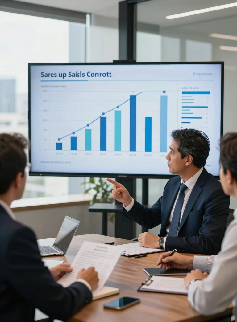 A professional business meeting in a bright, modern office in São Paulo, Brazil. Two experts are discussing sales performance data on a large screen. The atmosphere is sophisticated and collaborative, with soft lighting and professional attire.