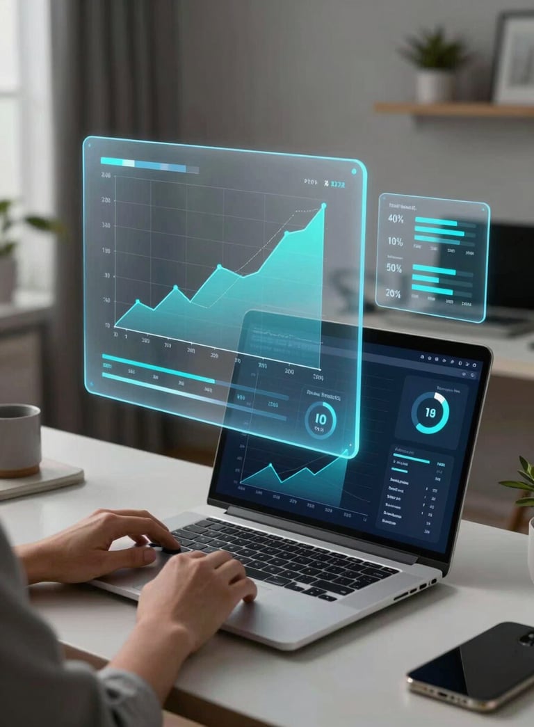 A person in a sleek, modern home office in North America, using a high-end laptop. Floating translucent digital panels show follower growth graphs and engagement statistics in cyan and alice blue light.