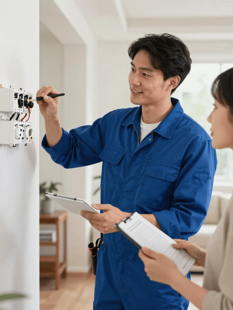 A friendly electrician in a professional uniform explaining a service plan to a homeowner in a well-lit North American home, clean and modern aesthetic, focus on trust and reliability.