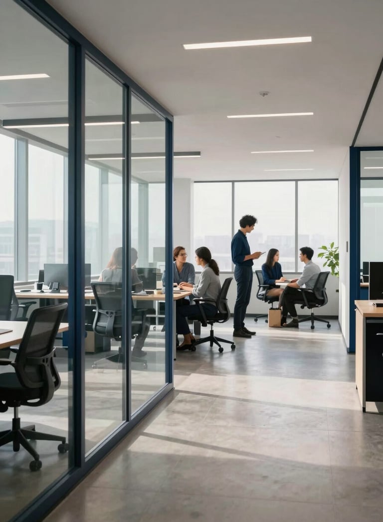 A wide shot of a clean, minimalist North American / US office with glass walls, soft morning light, professional navy blue accents, and a focused marketing team collaborating in the background.