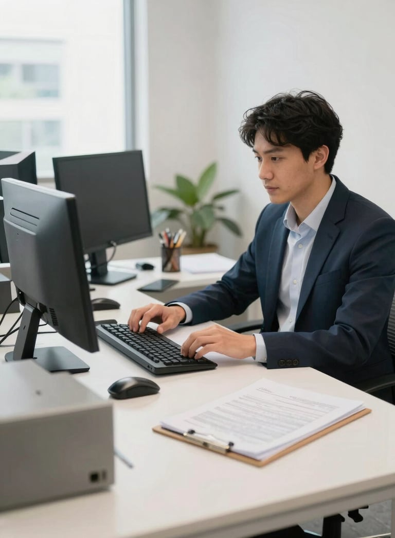 A bright and organized professional office in Brazil, featuring a clean desk with modern equipment and documents, representing a reliable vehicle dispatch service.