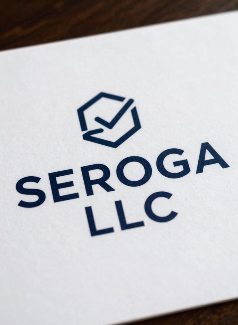 A sophisticated logo for 'SEROGA LLC' using a clear, legible, and professional typeface in dark navy. The design includes a minimalist geometric icon representing innovation and growth, suitable for a high-end marketing consultancy in a North American / US market, set against a clean white background.
