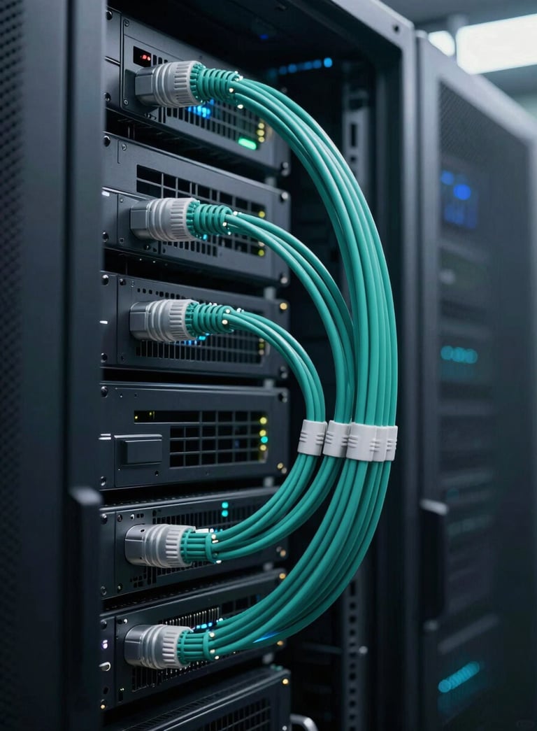 A high-end modern server room with glowing fiber optic cables in Muted Forest Teal and Deep Charcoal Navy, emphasizing speed and cutting-edge technology.