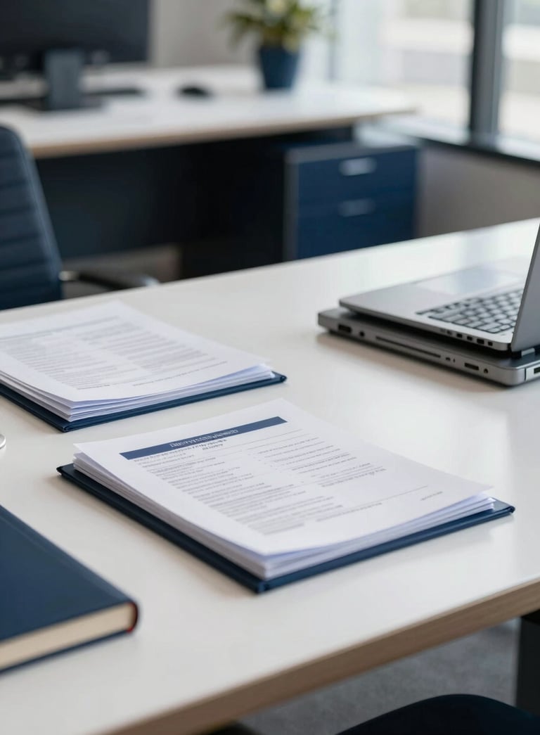 A high-end professional office setting in Texas, a modern desk with organized documents, soft white lighting, deep navy blue accents.