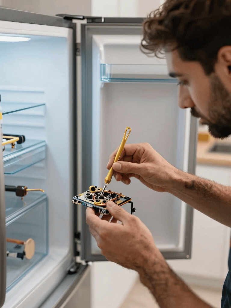 A close up of a skilled technician repairing a high-end refrigerator in a bright contemporary Middle Eastern / Gulf kitchen, sharp focus on tools and hands, gold and dark blue tones in the environment.
