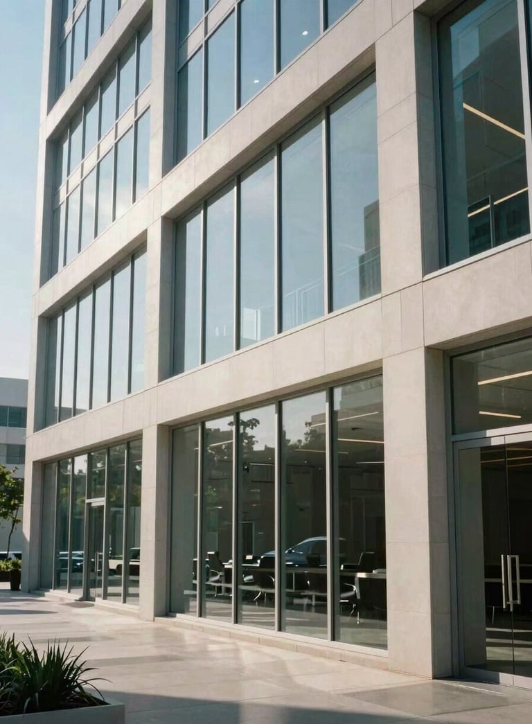 A modern North American corporate office with high-end glass partitions and a clean, professional atmosphere, daytime natural lighting.