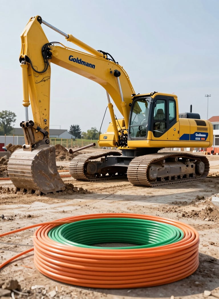 A powerful yellow excavator with the Goldmann logo in navy blue, moving earth on a clean Central European / German construction site. In the foreground, rolls of vibrant orange and green fiber optic cables lie ready for installation. High quality professional photography with sharp focus and bright daylight.