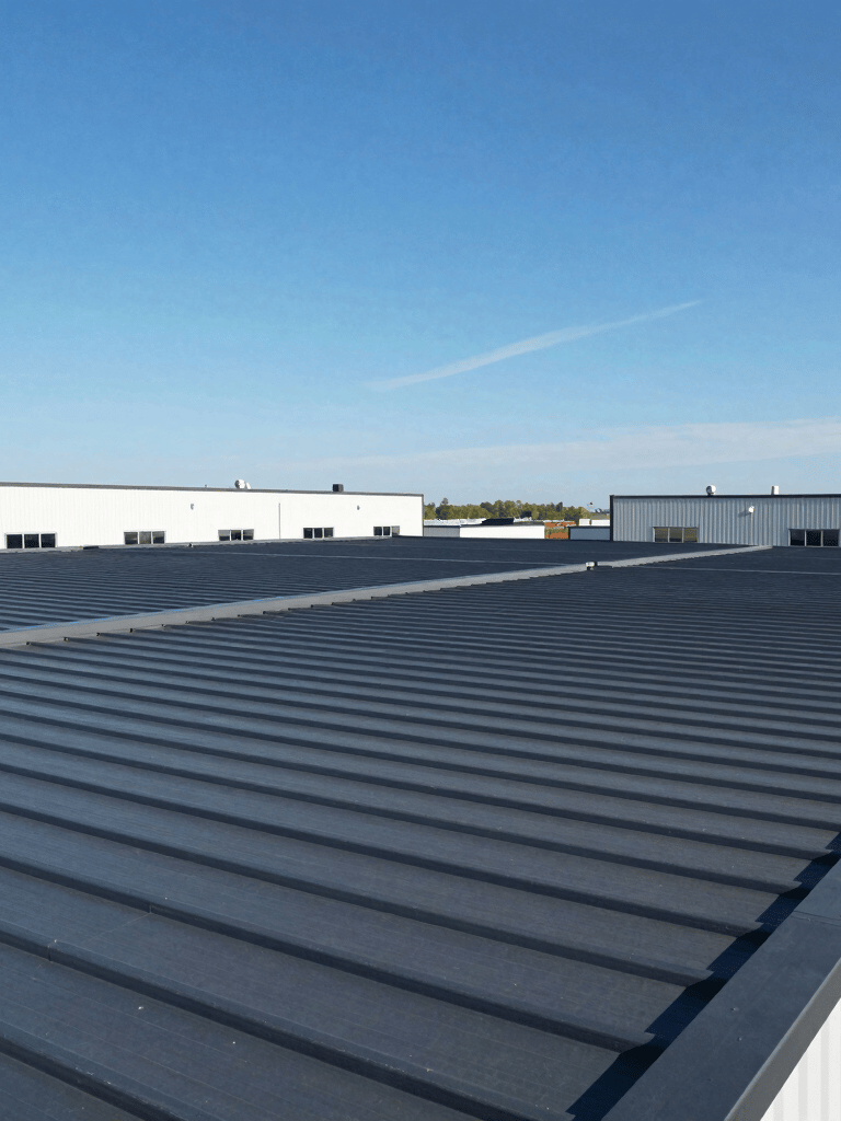 A wide shot of a modern industrial commercial building with a newly installed dark gray flat roofing system in North American / US - New Jersey. Clear blue sky, sharp lighting, and clean lines reflecting professional construction.