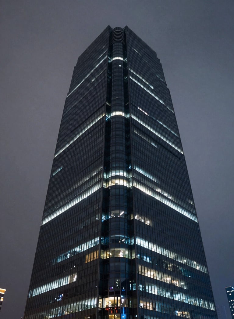 A high-tech glass skyscraper at night, illuminated with subtle mist grey and deep midnight blue lights, reflecting a sense of corporate power and innovation.