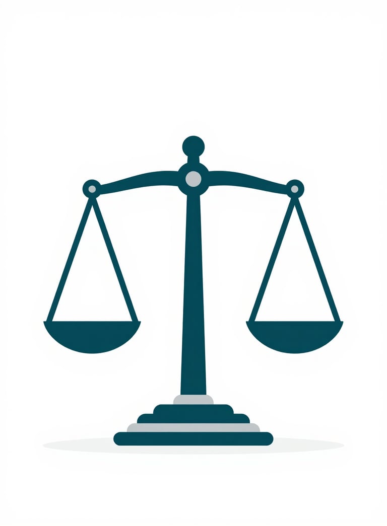 A minimalist and modern illustration of the scales of justice, designed with clean lines in deep teal (#054D4B) and gray (#A0A0A0) against a white background. The style is professional, sharp, and authoritative.