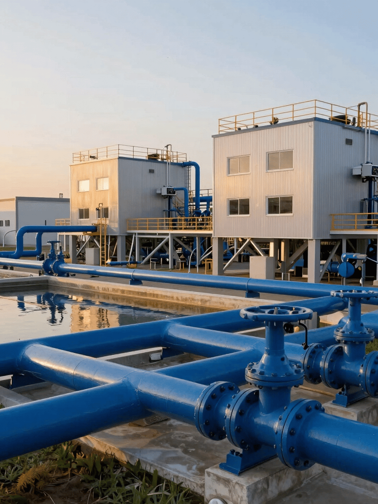 A high-tech wastewater treatment plant facility in Mexico during golden hour, showcasing cobalt blue pipes and modern industrial architecture with a clean, ecological design.