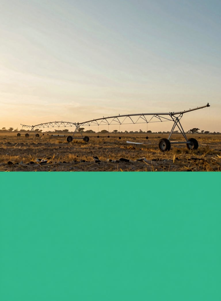 A professional wide-angle shot of a large-scale pivot irrigation system in Ethiopia, symbolizing water solutions and innovation, soft sunset lighting, palette includes #52796F and #CAD2C5.
