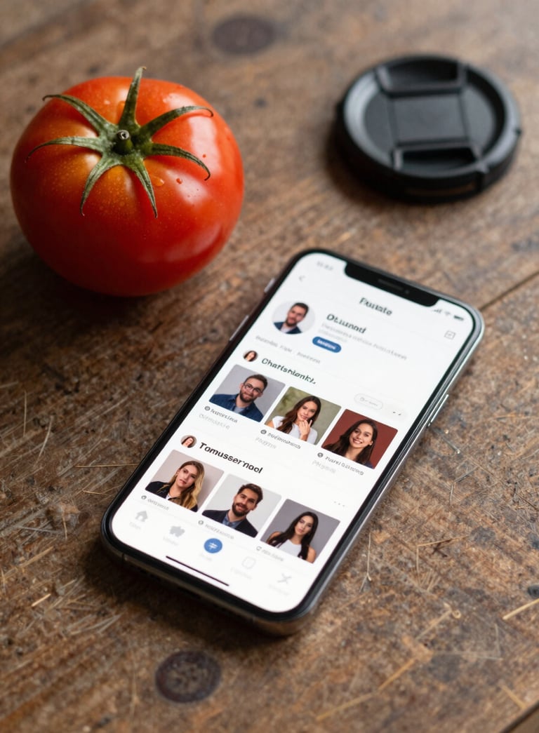 A top-down composition on a rustic table featuring a ripe tomato, a sleek smartphone displaying a social media feed, and a professional lens cap. The style is sophisticated and clean, using a palette of #9B1C31 and #FAF5E5.